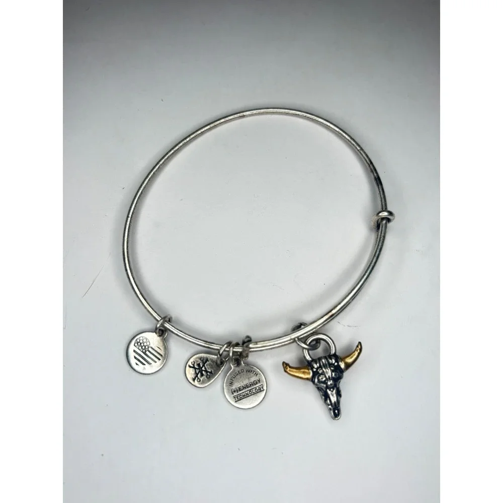 Alex and Ani Steer Bull Skull Charm Bangle Bracelet Silver Gold Tone Adjustable